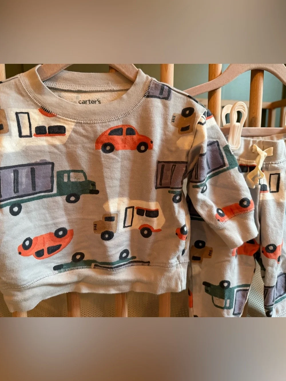 Carter’s Baby Light Gray Vehicle Print Matching Outfit Set - Orange & Green